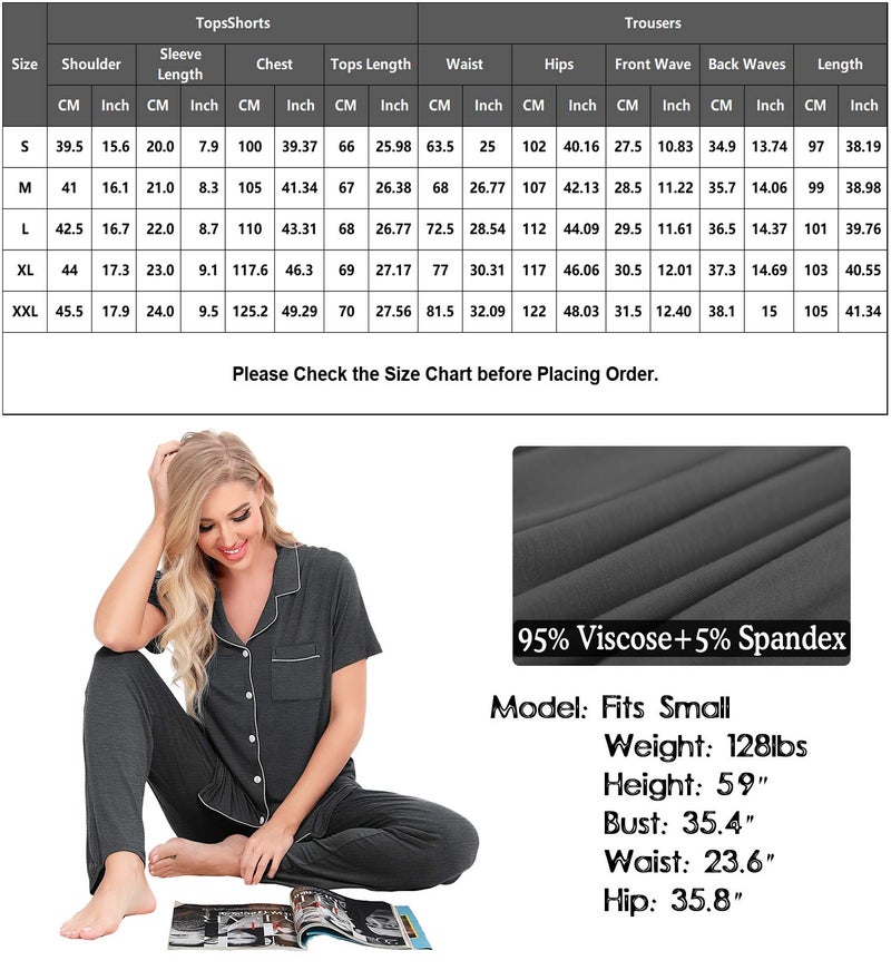 SWOMOG Women Pajama Sets Two-Piece Nightwear Short Sleeve Sleepwear Button Down Pj Lounge Sets with Long Pants Dark Gray - Image 5